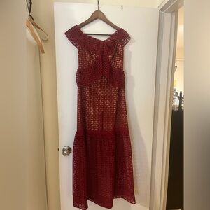NWOT Self Portrait Burgundy Lace Off Shoulder Maxi Dress Size 2